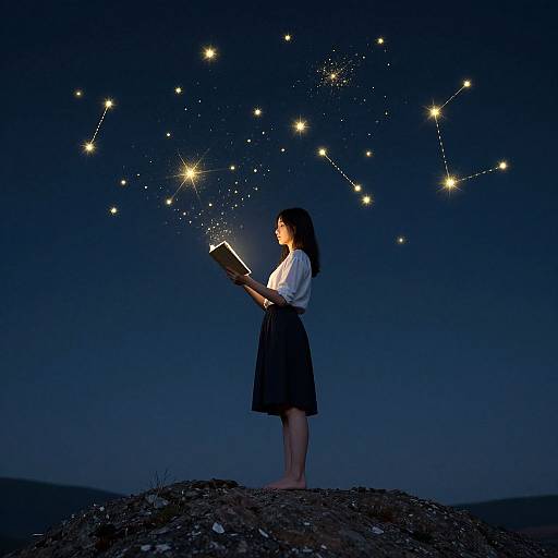 Photograph of a woman in white shirt and black skirt standing on a rock, holding a book, with a starry night sky above, constell