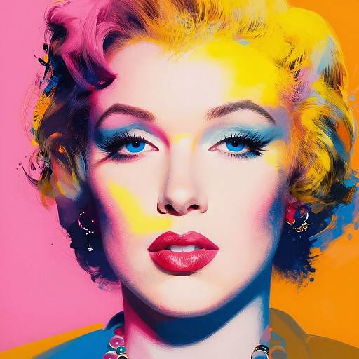 Bright, digital pop art portrait of a woman with vibrant yellow and pink hair, blue eyes, red lips, and colorful earrings.