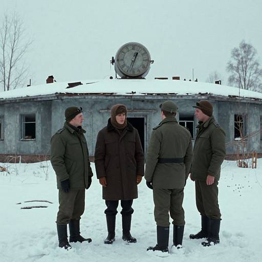 Photograph of four men in military green winter uniforms standing in snow in front of a dilapidated, snowy building with a large clock on the roof