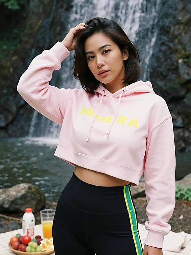 Photograph of an Asian woman with shoulder-length black hair, wearing a pink cropped hoodie and black pants, standing in front of a waterfall with a picnic
