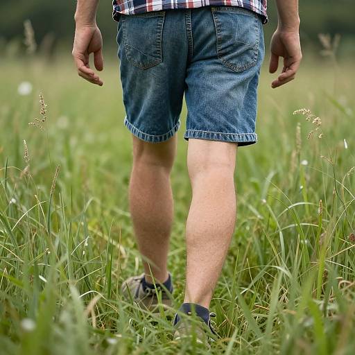 Photograph of a man's lower body, wearing blue denim shorts, black socks, and sneakers, walking through a green, grassy field.