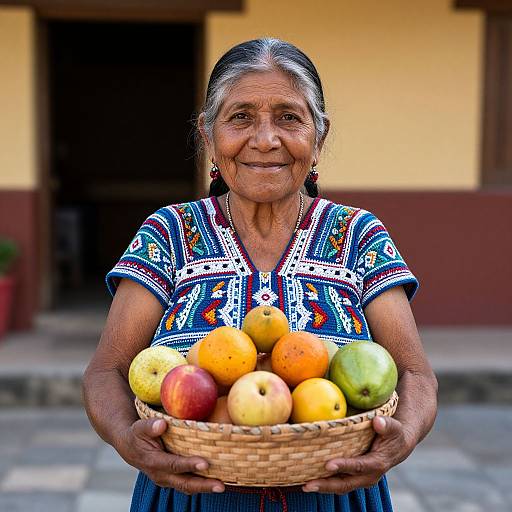 Photograph of a smiling elderly woman with gray hair, wearing a colorful, embroidered blouse, holding a wicker basket of vibrant fruits.