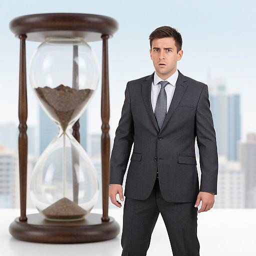 Photograph of a serious, dark-haired man in a black suit and tie, standing in front of a wooden hourglass. Bright, blurred cityscape