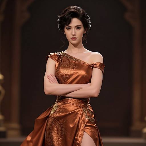 Photograph of a confident Asian woman with fair skin and black hair, wearing an elegant, one-shoulder, copper satin dress with intricate gold embroidery