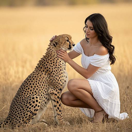 Photograph of a woman with long dark hair in a white off-shoulder dress, kneeling and gently touching a sitting cheetah in a golden