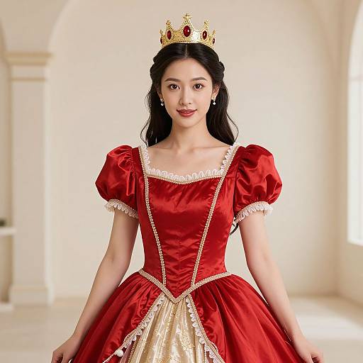 Photograph of an Asian woman with fair skin, black hair, wearing a red satin princess dress with white lace trim, gold crown, and earrings,