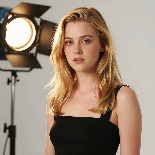 Photograph of a blonde, fair-skinned woman with blue eyes, wearing a black, sleeveless top, standing in front of a brightly lit studio