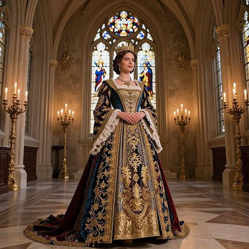 Photograph of a regal woman in an ornate, gold-embroidered black gown, standing in a grand, candlelit gothic cathedral
