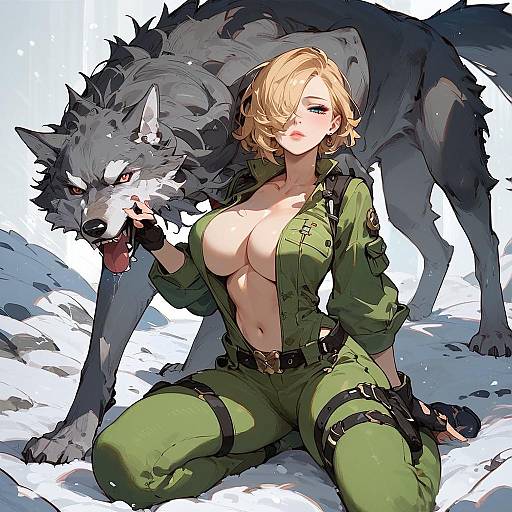 Blonde Pilot in Green Jumpsuit Petting Wolf