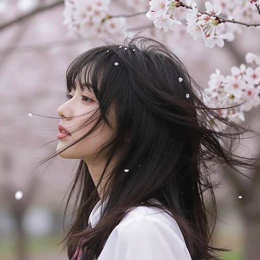 Black Hair with Cherry Blossom Petals