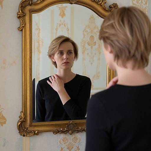 Photograph of a woman with short, blonde hair, wearing a black top, standing before an ornate, gold-framed mirror, gazing int