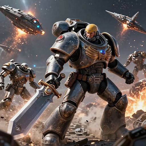 Digital art of a yellow-helmeted, armored warrior with glowing blue chest emblem, wielding a large sword, amidst a chaotic, explosive space battle with