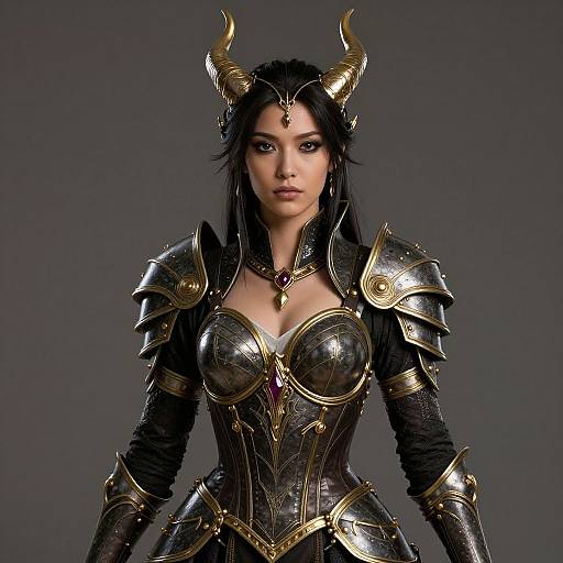 CGI image of a fierce, dark-haired woman in ornate, gold and black dragon-scale armor with horns, standing against a gray background.