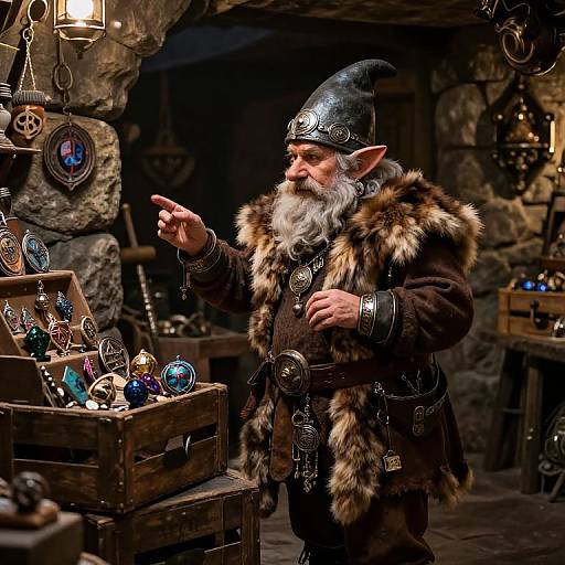 Photograph of an elderly, bearded elf in a fur-trimmed robe and metallic hat, pointing at jewelry in a dimly lit, rustic