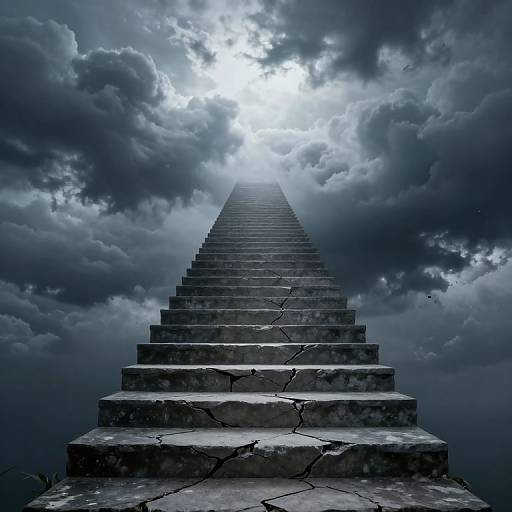 Photograph of a cracked stone staircase ascending into a bright, glowing sky surrounded by dark, dramatic clouds.