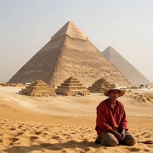 Photograph of a man in a red shirt and straw hat kneeling in front of two large, sandy pyramids in a desert.