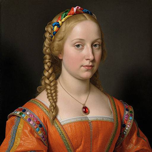 Renaissance-style portrait of a fair-skinned woman with braided red hair, wearing an orange dress with colorful embroidery, and a red gemstone