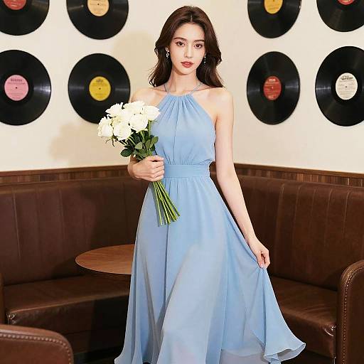 Slim Woman in Blue Chiffon Dress