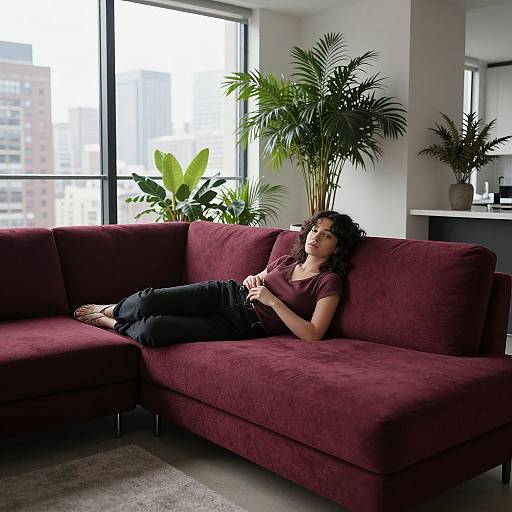 Photograph of a woman with curly brown hair, wearing a red top and black pants, lounging on a maroon sectional sofa in a modern,