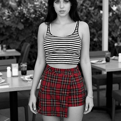 Photograph of a young woman with long black hair, wearing a striped tank top and red plaid mini-skirt, standing in a blurred outdoor café