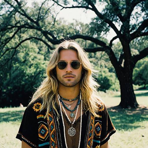 Blonde Man in Hippie Outfit with Jewelry Outdoors