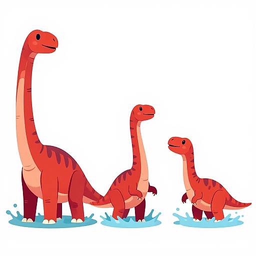 Digital illustration of three cute, red, dinosaur-like creatures with black stripes, standing in water; smallest on right, largest on left.