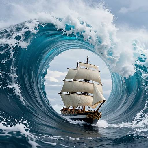 Digital artwork of a classic white-sailed ship navigating through a massive, swirling blue ocean wave under a cloudy sky.