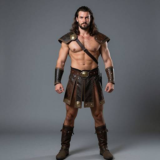 Photograph of a muscular man with long dark hair and beard, wearing ancient warrior armor with brown leather, gold accents, and black boots, standing against