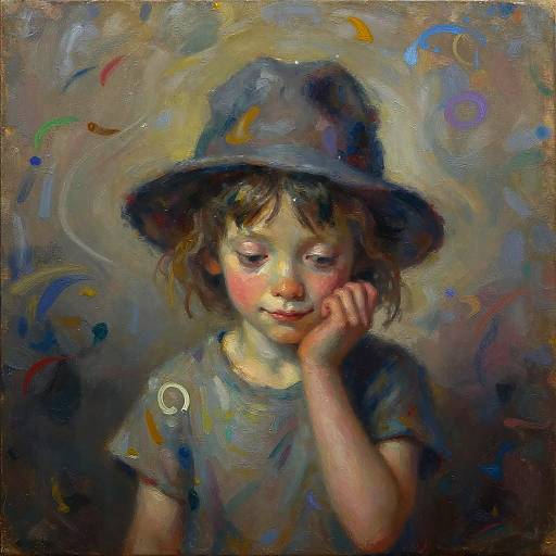Wistful Child in Hat Oil Painting