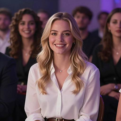 Smiling Blonde Woman in White Blouse at Event