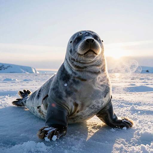 Photograph of a curious seal with dark and light grey fur, sitting on icy snow at sunset, gazing forward with whiskers visible.