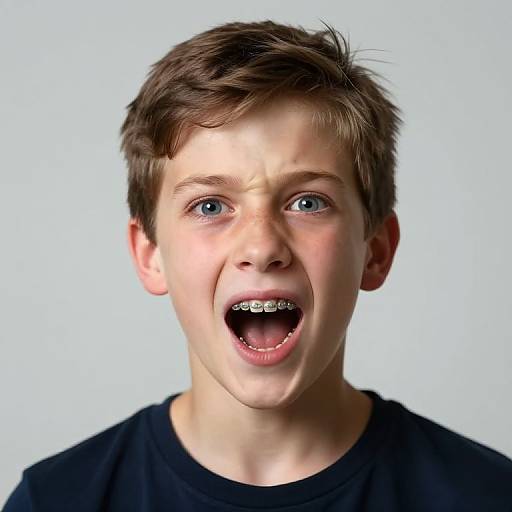 Photograph of a young, white boy with short brown hair, blue eyes, and an open-mouthed, angry expression, wearing a black shirt against