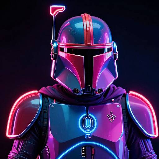 Neon-lit Mandalorian helmet and armor with vibrant pink, blue, and purple lights against a black background, glowing futuristic cyber style.