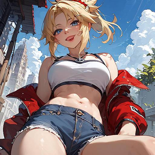 Blonde Anime Girl in Denim Shorts and Red Jacket
