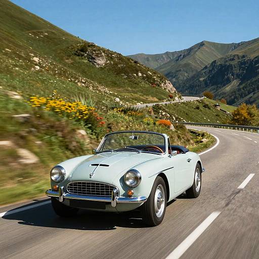 Photograph of a white classic convertible sports car driving on a winding mountain road with lush green hills and clear blue sky.