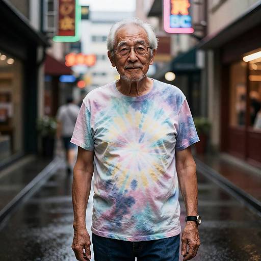 Elderly Magician in Neon Arcade Alley