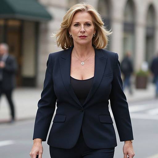 Photograph of a confident, blonde-haired woman in a black blazer and top, standing on a city street with blurred background.