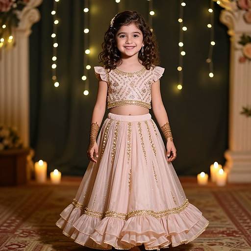 Photograph of a young South Asian girl with curly black hair, wearing a gold-embellished pink lehenga and crop top, smiling in a