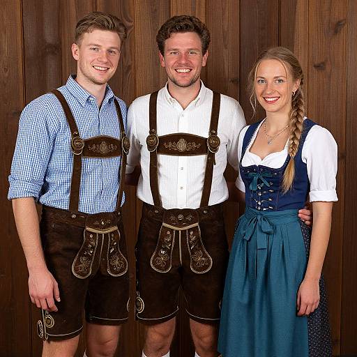 Photograph of three smiling people in traditional Bavarian clothing: two men in blue check shirts and brown lederhosen, one woman in a white
