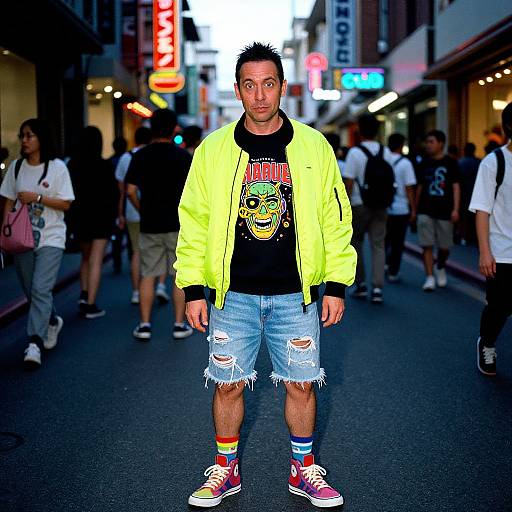 Photograph of a man with short black hair, wearing a neon yellow jacket, black graphic tee, distressed denim shorts, colorful socks, and red sneakers