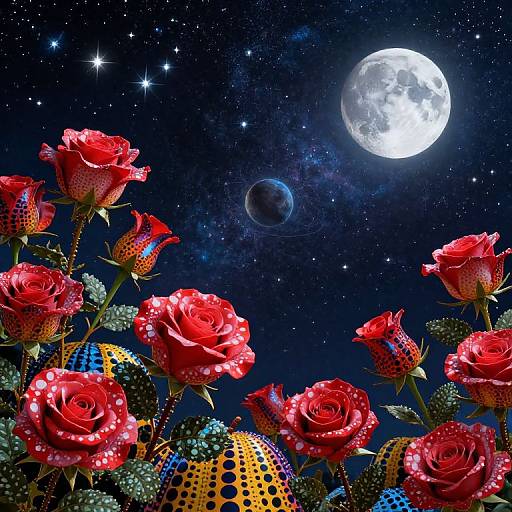 Photograph-style digital art: Vibrant red roses with polka-dotted petals under a starry night sky, bright full moon, and small planet