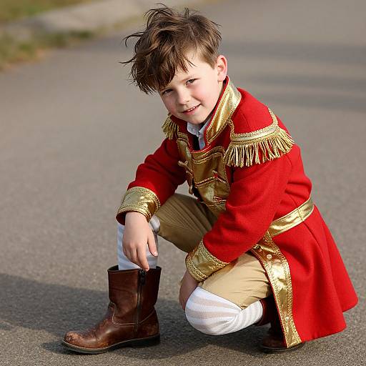 Photograph of a young boy with tousled brown hair, squatting on a road, wearing a red, gold-trimmed military-style coat,