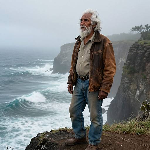 Photograph of an elderly white man with a white beard, wearing a brown jacket and blue jeans, standing on a cliff overlooking a foggy ocean with