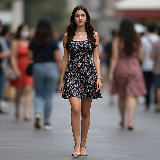 Photograph of a confident young woman with long dark hair, wearing a floral dress and sandals, walking down a bustling city street. Blurred background features