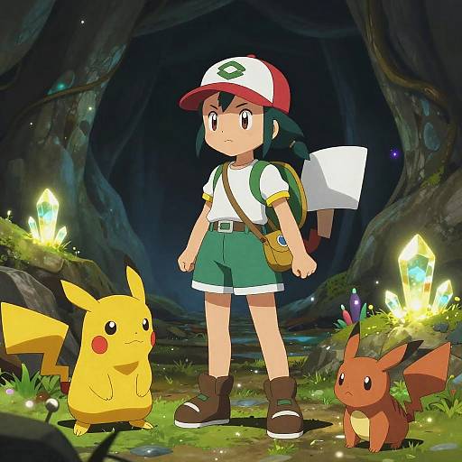 Digital illustration of a young boy with a red-white cap, green shorts, and backpack, standing in a cave with glowing crystals. Pikachu and Eeve