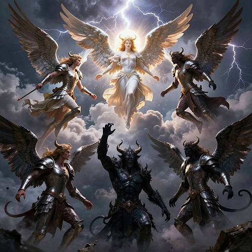 Digital artwork: Angel with glowing halo and wings at center, surrounded by four dark, winged demonic figures with lightning, clouds, and sunburst background