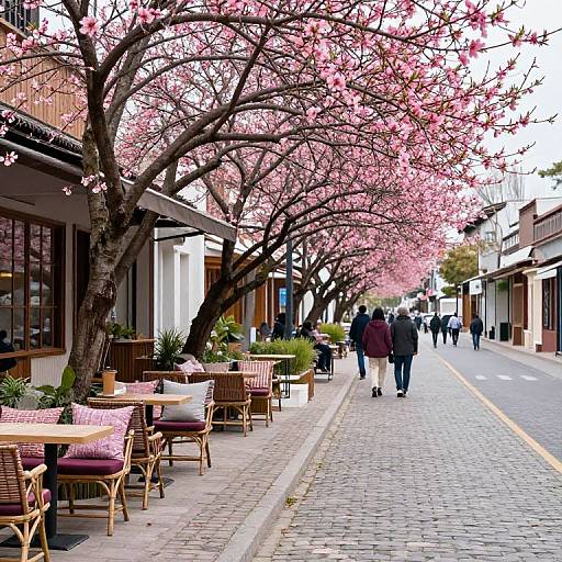 Photograph of a picturesque street with cherry blossom trees in full bloom, outdoor café tables, and pedestrians walking along a cobblestone sidewalk.