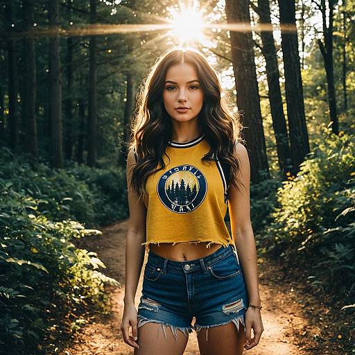 Woman in Yellow Crop Top on Forest Path