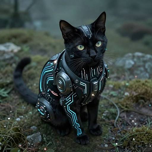 Photograph of a black cat with glowing green eyes, wearing a futuristic, cybernetic armor with neon blue and silver patterns, standing on a moss