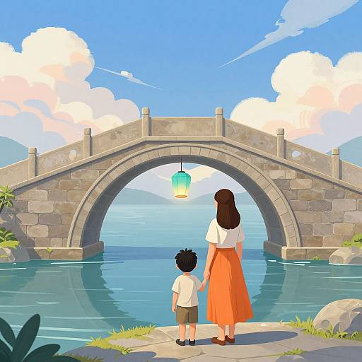 Digital illustration of a mother and child, holding hands, standing on a stone bridge over a blue river, under a lantern, with a bright blue sky